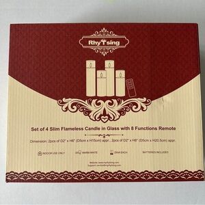 Rhytsing Set of 4 Slim Flameless Candles in Glass- 8 Function Remote & Batteries
